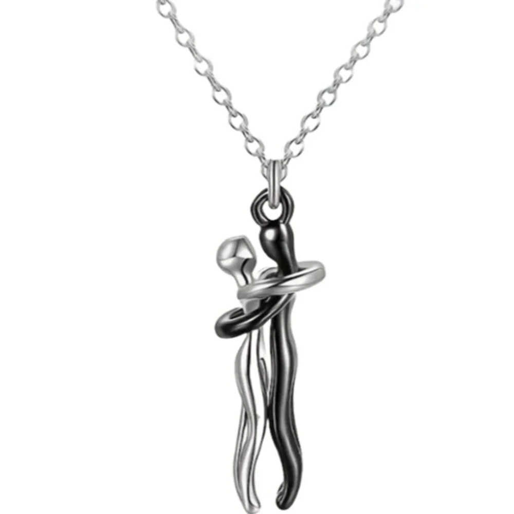 Stainless Steel Hugging Couple Pendant Necklace - Black Male & Silver Female - Picture 1 of 3